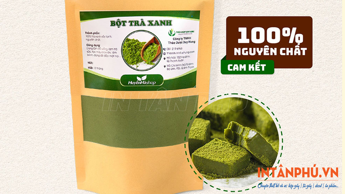 Mẫu tem nhãn dán túi bột trà xanh 