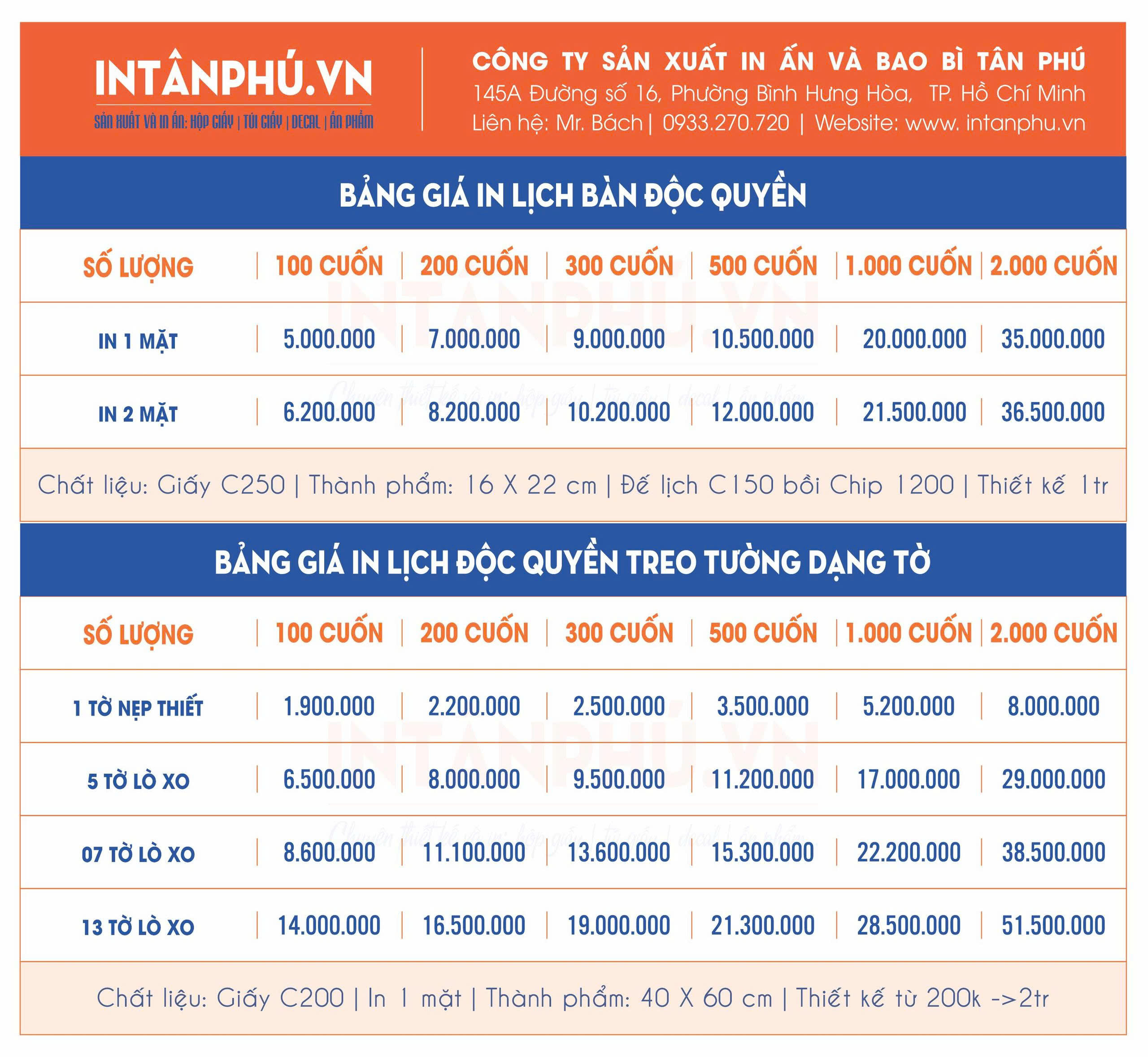 Bảng giá in lịch Tết 2027 theo yêu cầu tại In Tân Phú